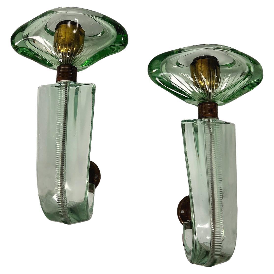Pair of Green Murano Glass Wall Sconces by Seguso Vetri d’Arte, Italy, 1940s