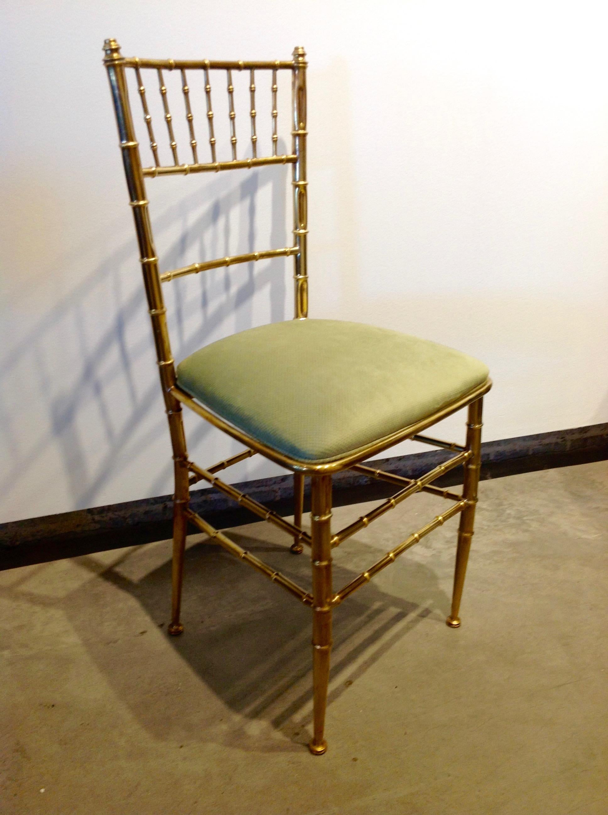 Pair of Green New Velvet / Velour and Brass Chiavari Faux Bamboo Style Chairs 2