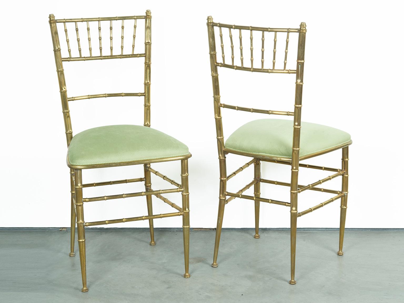 Pair of Green New Velvet / Velour and Brass Chiavari Faux Bamboo Style Chairs 1