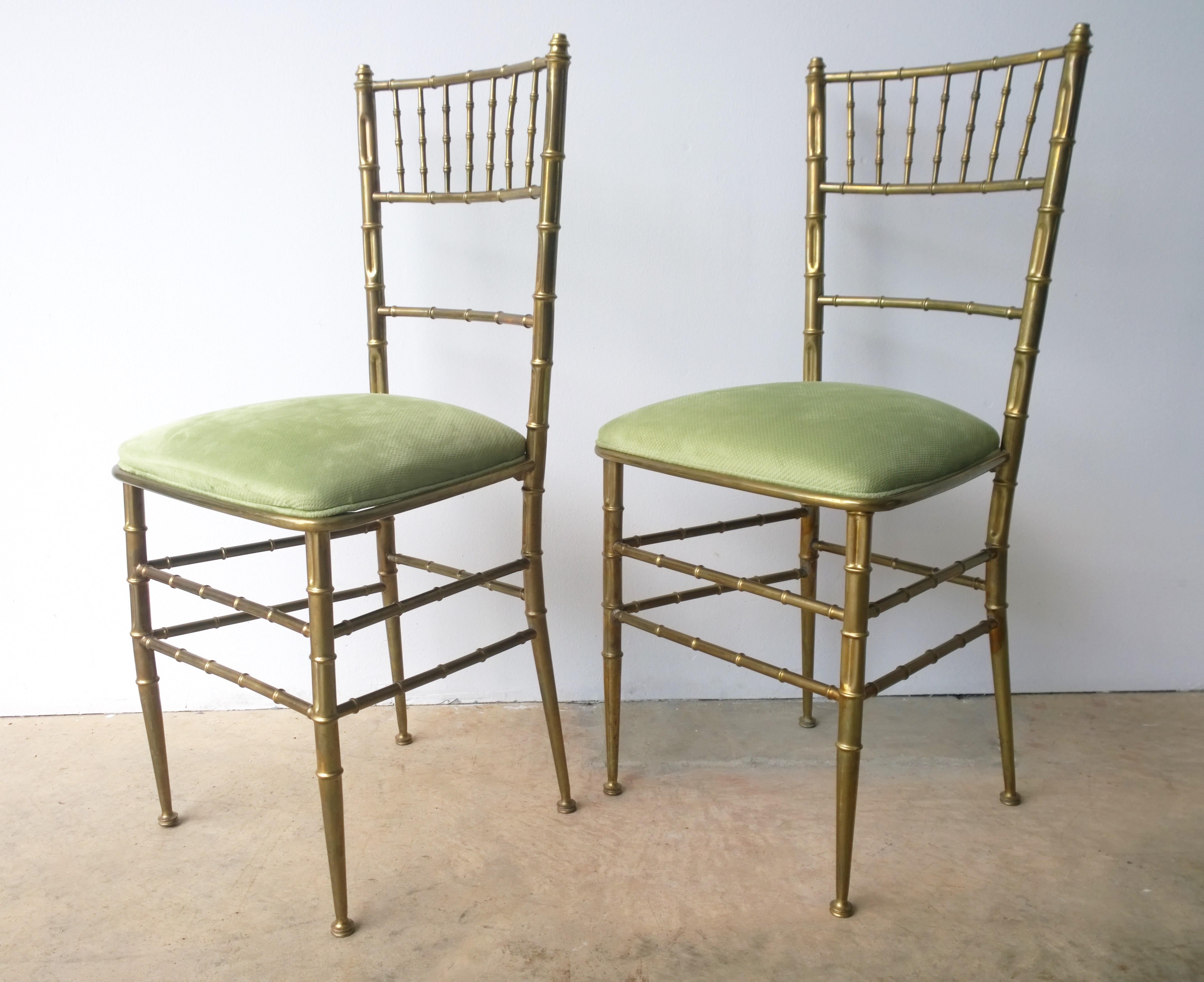 Mid-Century Modern Pair of Green New Velvet / Velour and Brass Chiavari Faux Bamboo Style Chairs