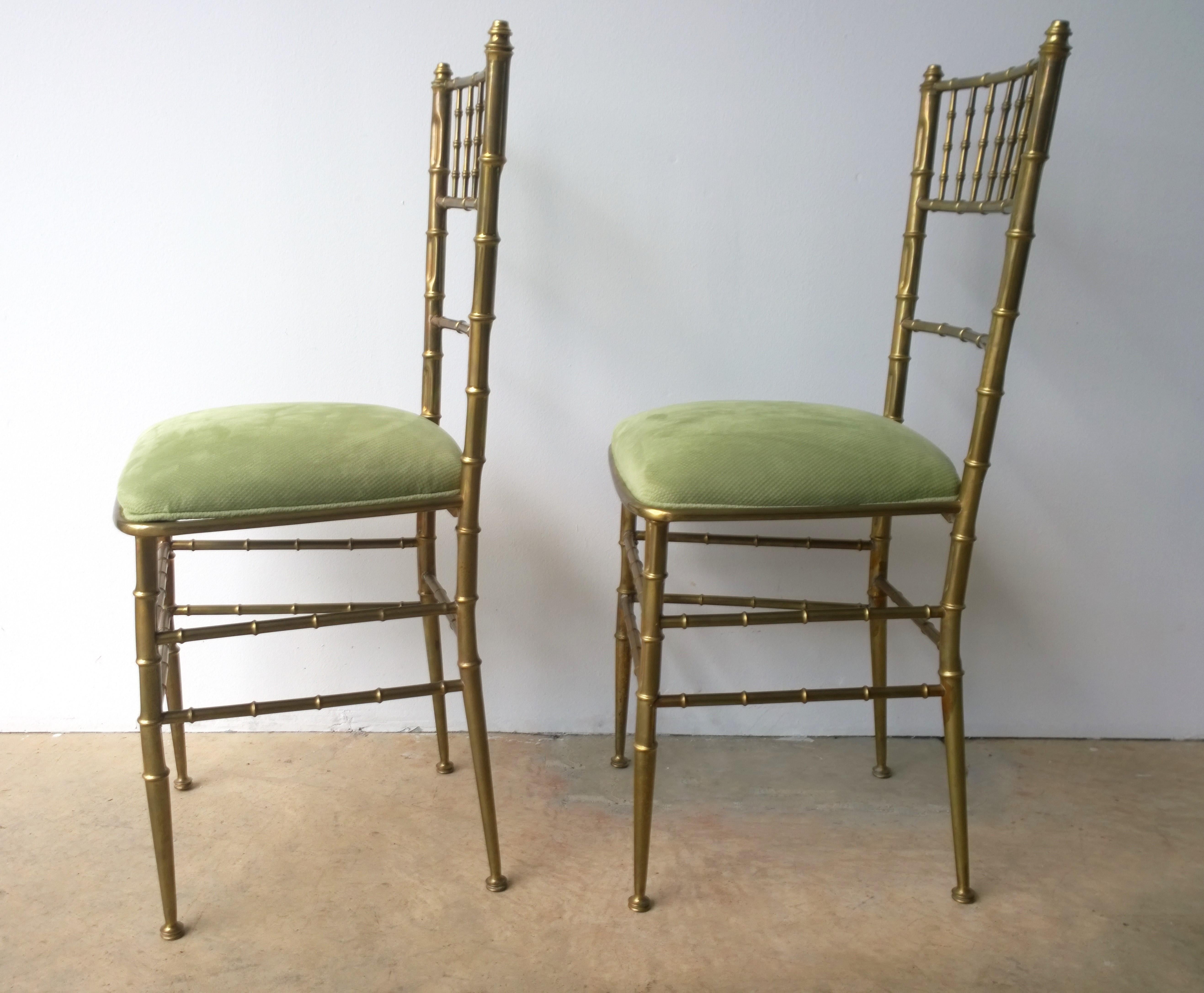 Italian Pair of Green New Velvet / Velour and Brass Chiavari Faux Bamboo Style Chairs