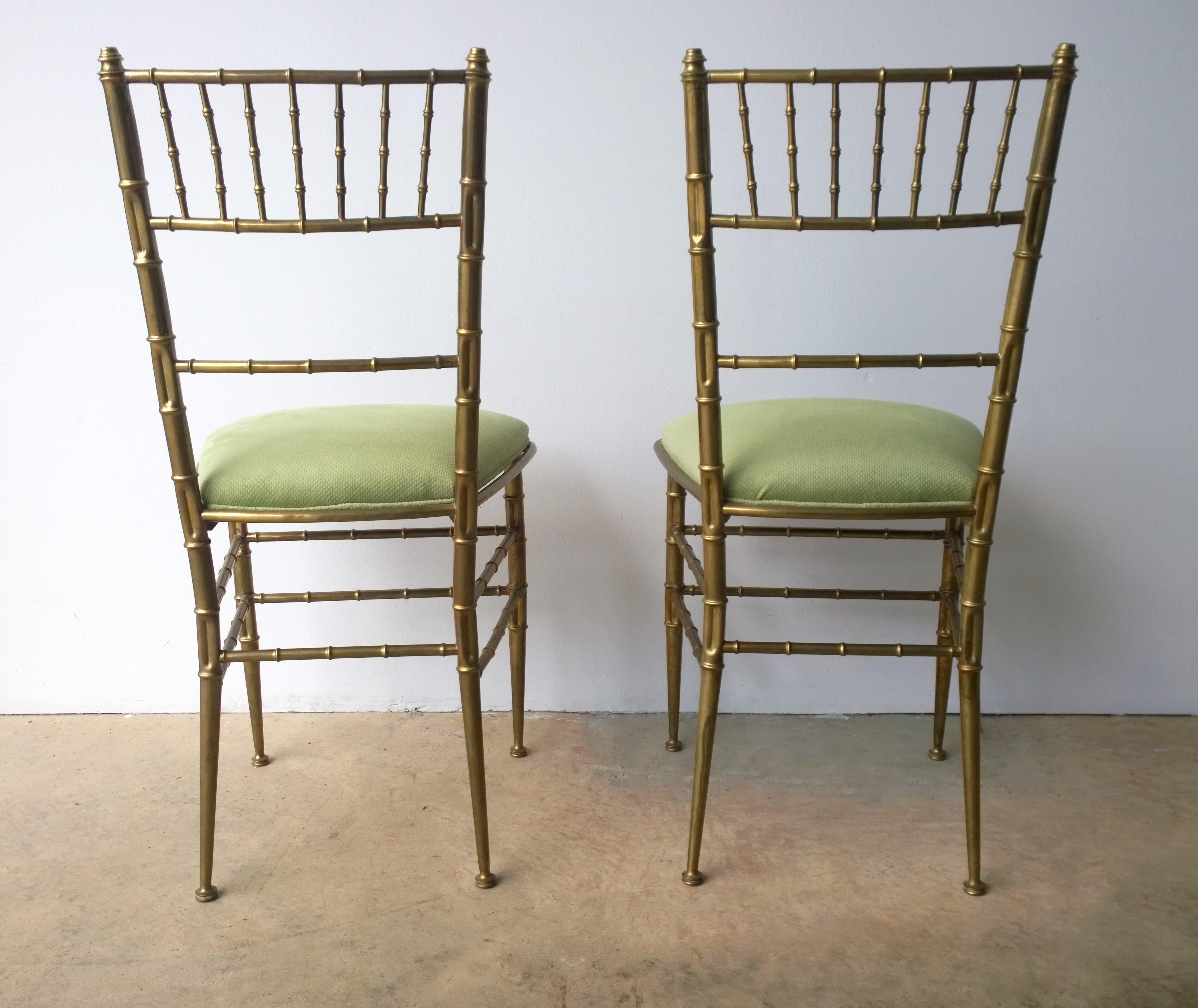 Pair of Green New Velvet / Velour and Brass Chiavari Faux Bamboo Style Chairs In Good Condition In Houston, TX