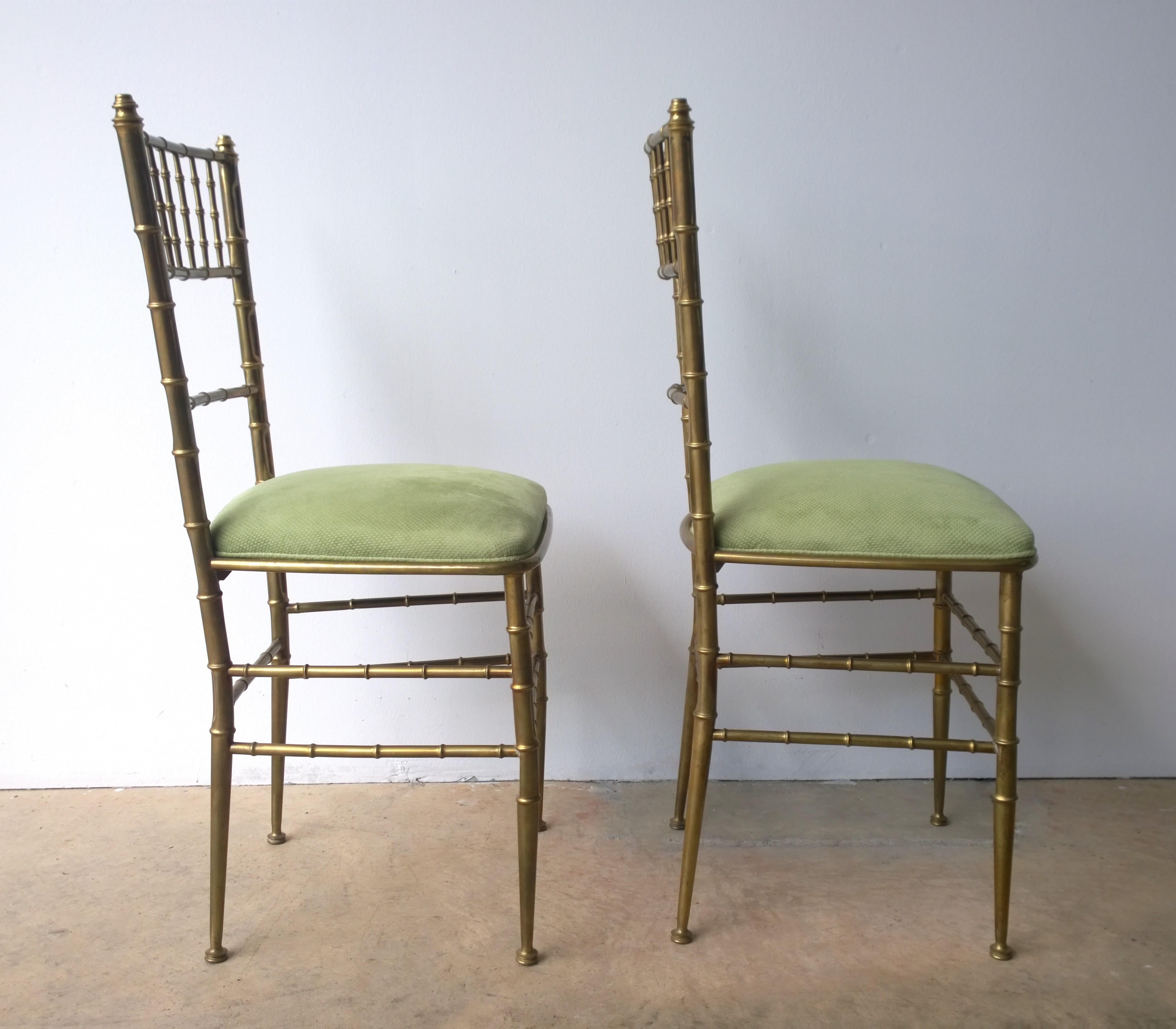 20th Century Pair of Green New Velvet / Velour and Brass Chiavari Faux Bamboo Style Chairs