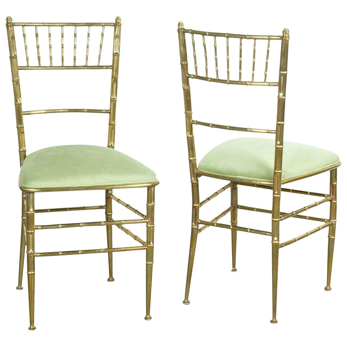 Pair of Green New Velvet / Velour and Brass Chiavari Faux Bamboo Style Chairs