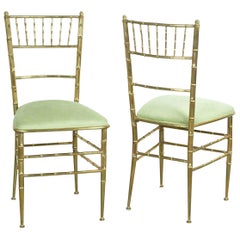 Vintage Pair of Green New Velvet / Velour and Brass Chiavari Faux Bamboo Style Chairs