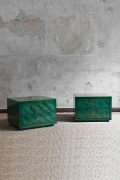 Pair of Green Nightstands in pressed bamboo with Brass Details 1970