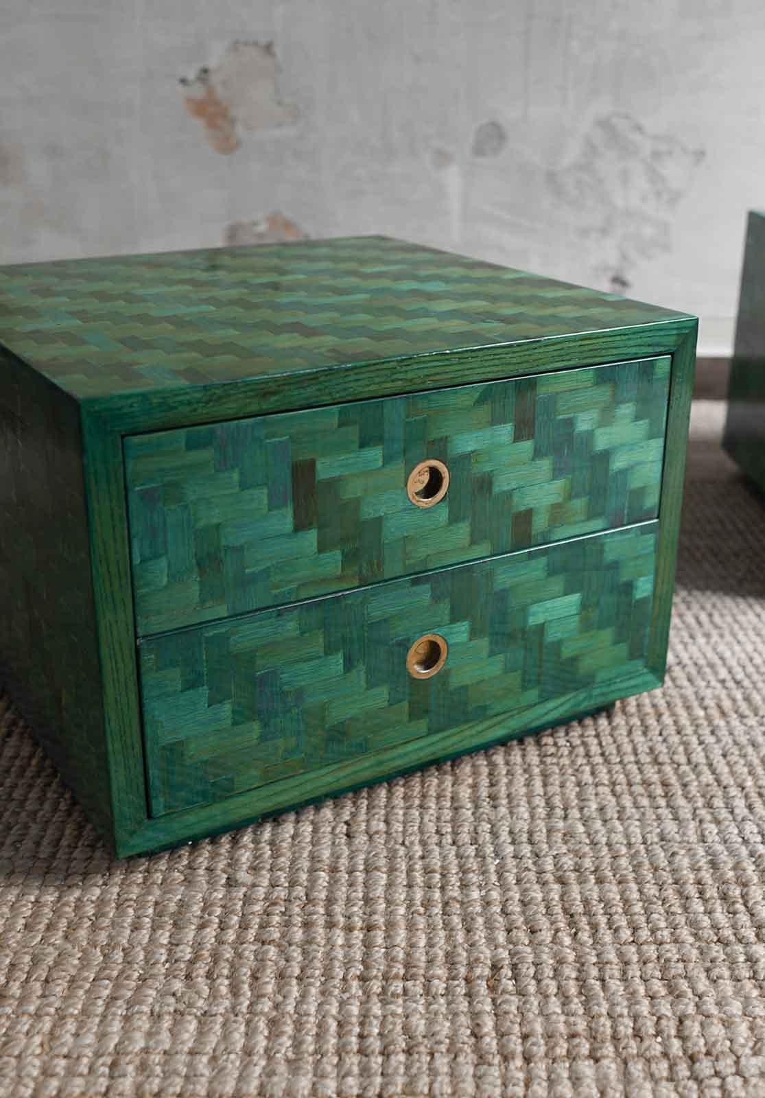 Pair of Green Nightstands in pressed bamboo with Brass Details 1970 In Good Condition In Roma, RM