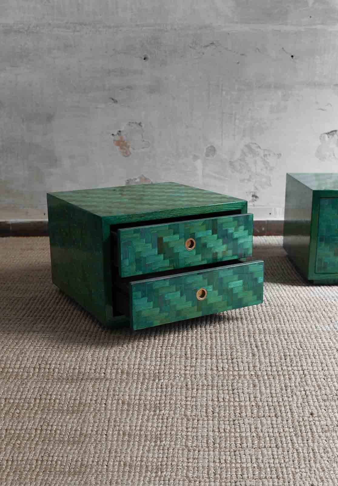 Late 20th Century Pair of Green Nightstands in pressed bamboo with Brass Details 1970