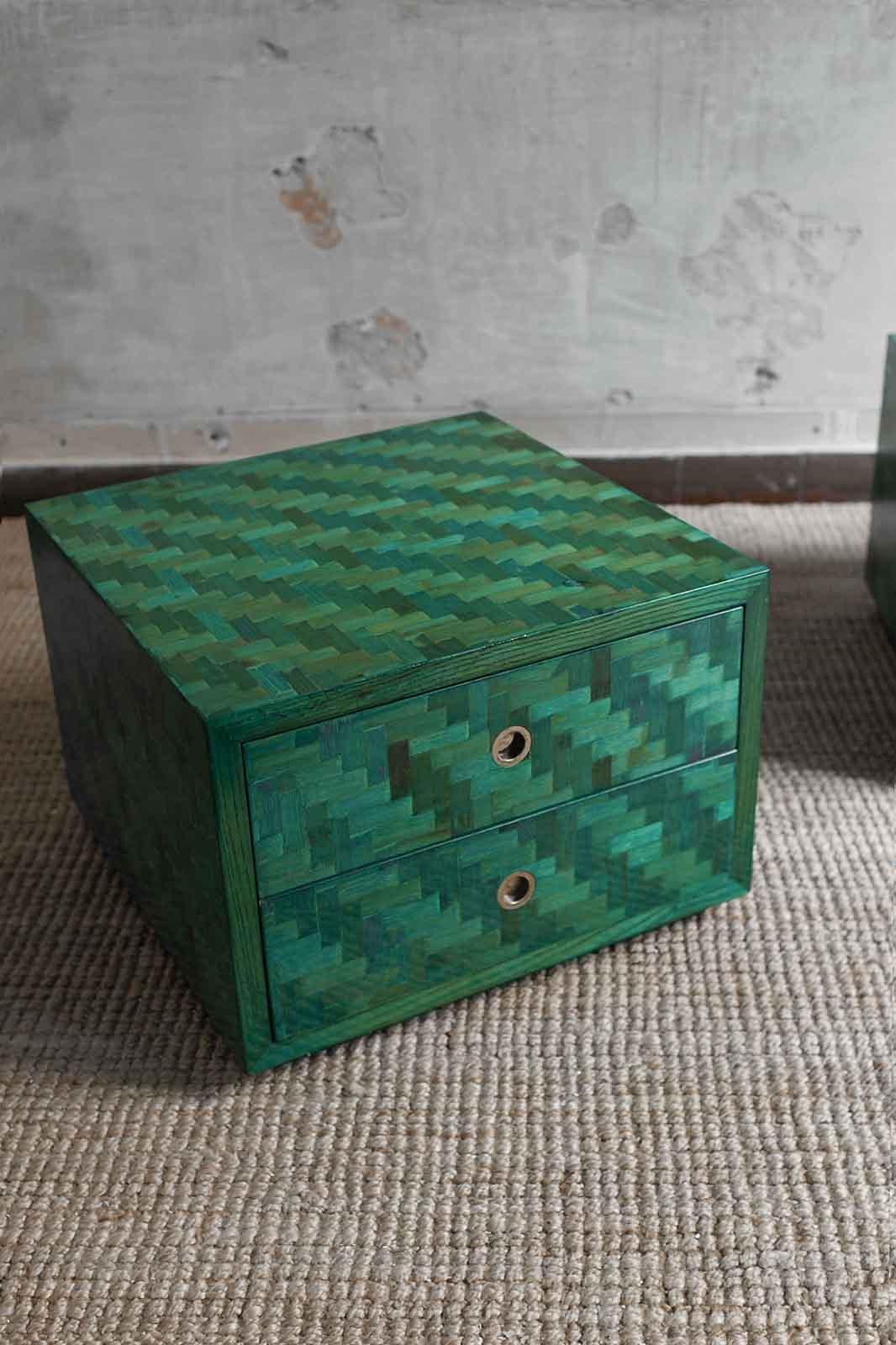 Pair of Green Nightstands in pressed bamboo with Brass Details 1970 1