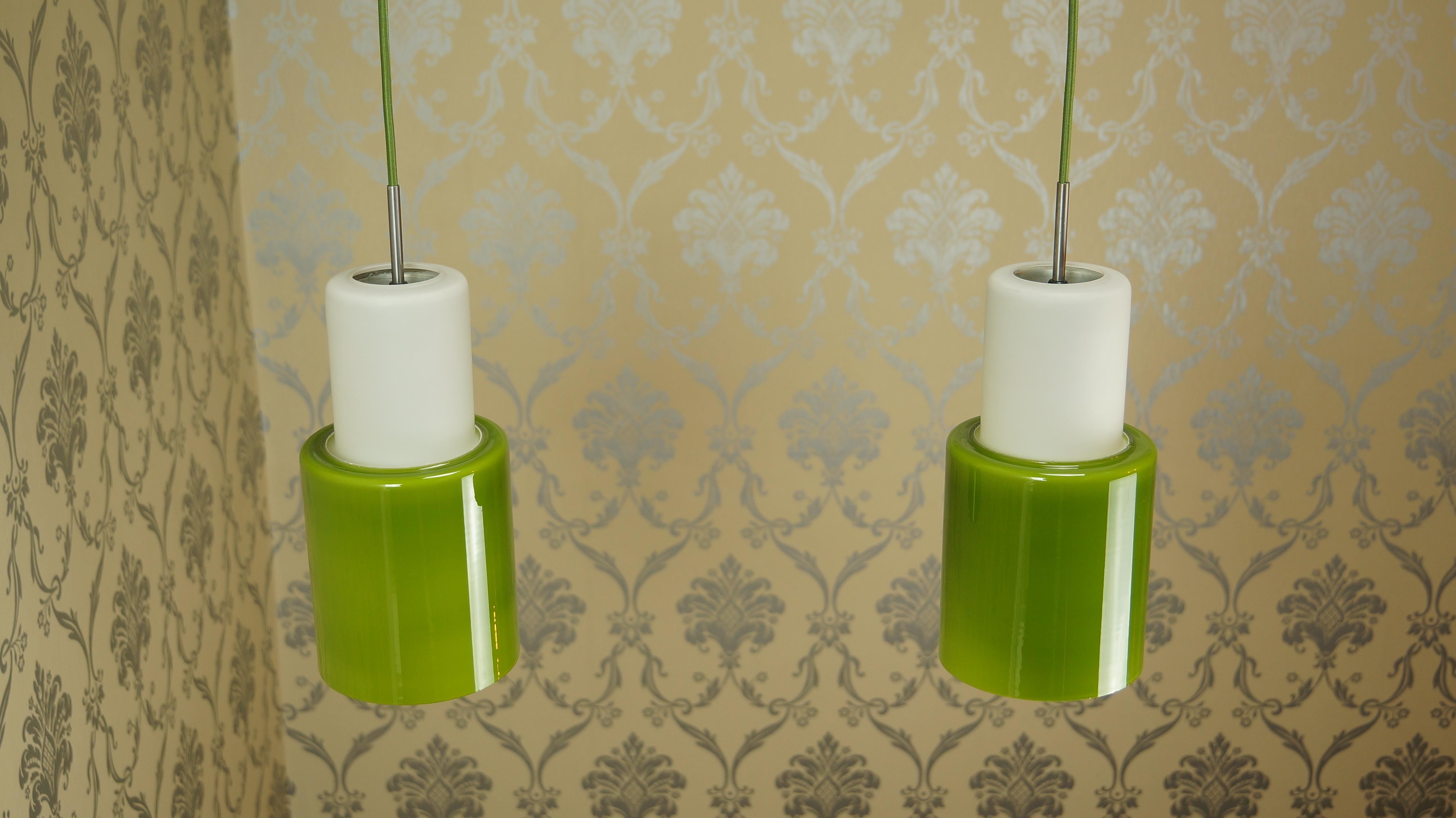 Pair of Green Opaline Glass Danish Ceiling Pendant Lights, Retro 1960s MCM 7