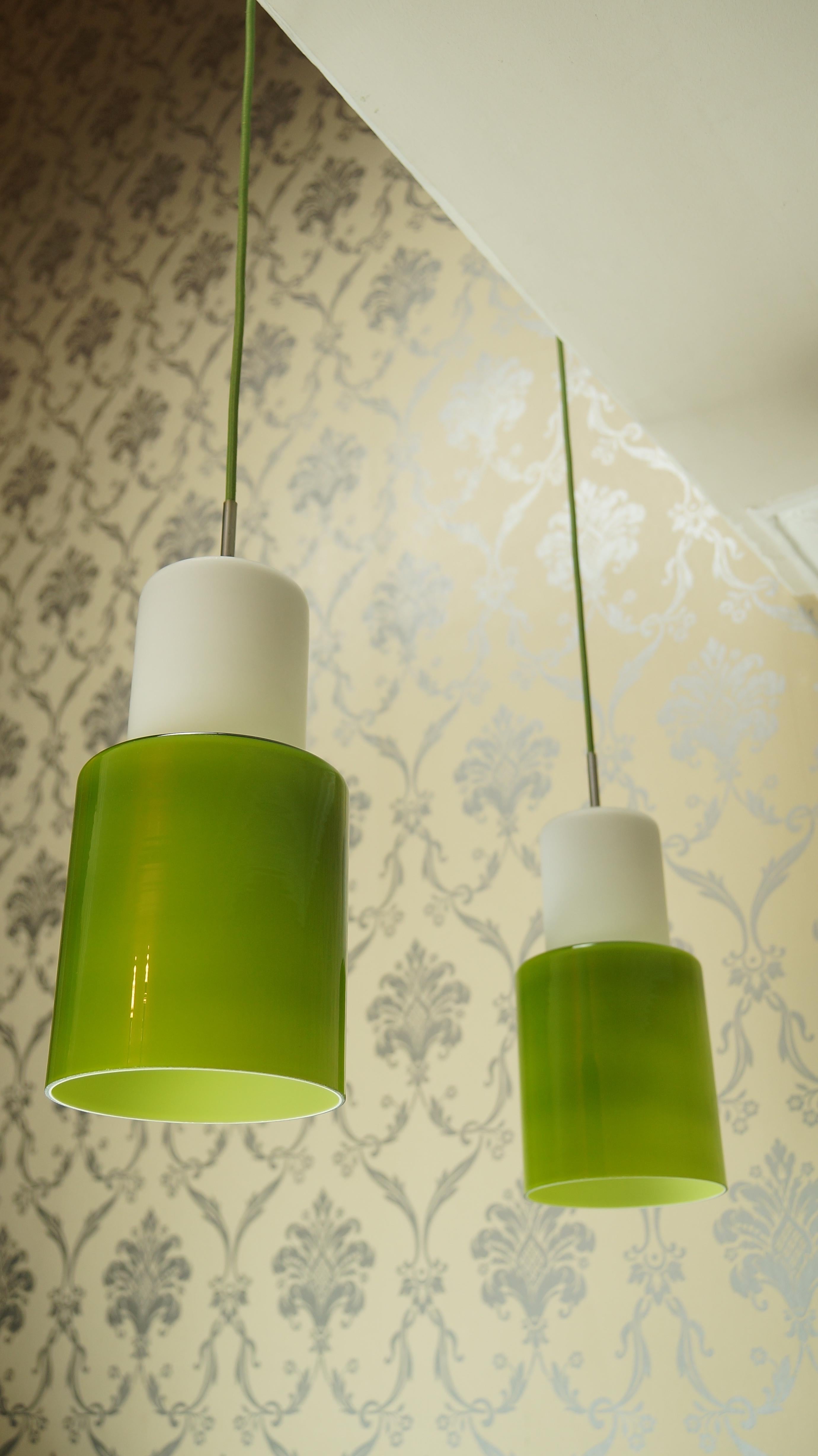 Pair of Green Opaline Glass Danish Ceiling Pendant Lights, Retro 1960s MCM In Good Condition In Huddersfield, GB