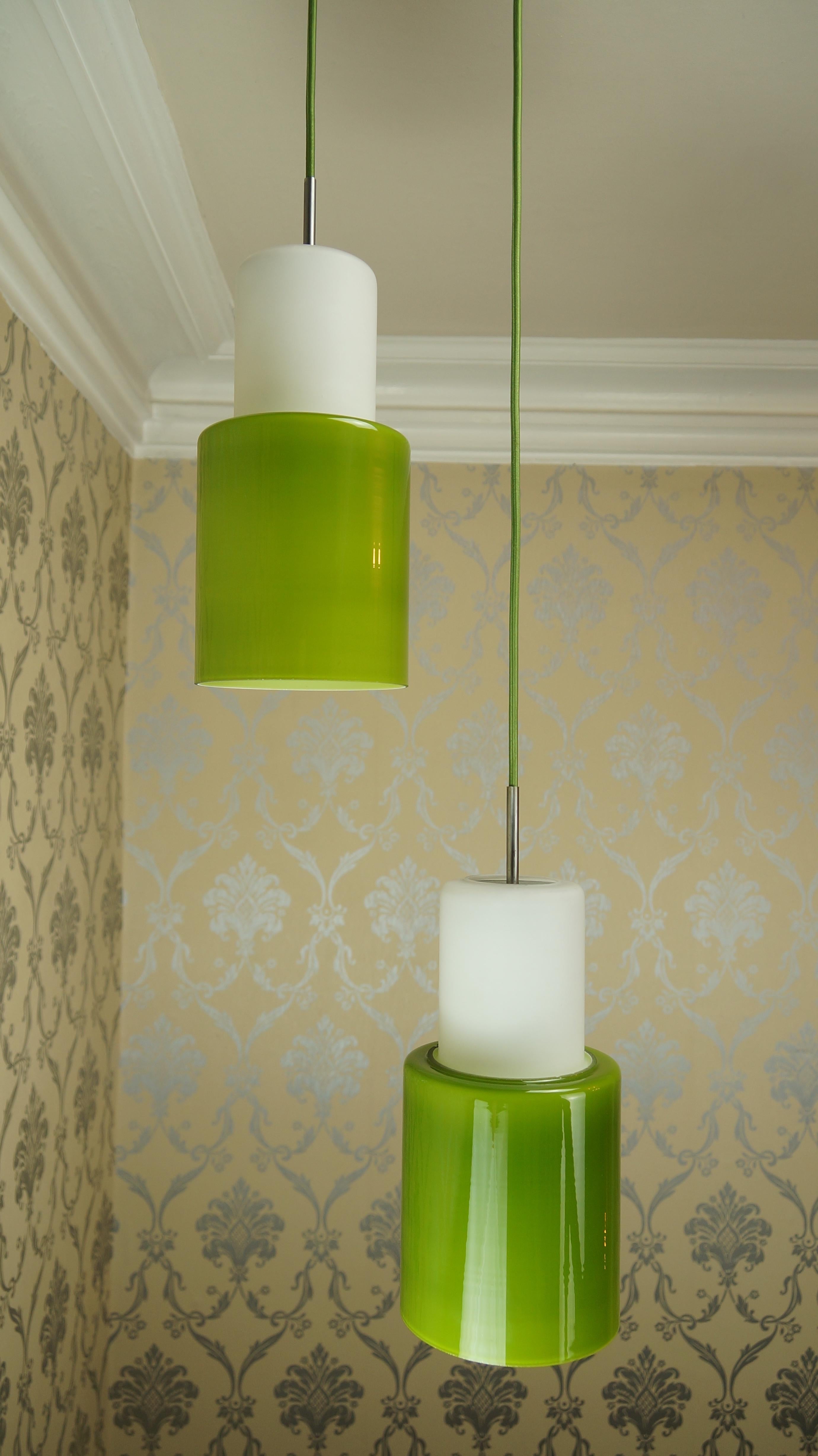 Pair of Green Opaline Glass Danish Ceiling Pendant Lights, Retro 1960s MCM (20. Jahrhundert)