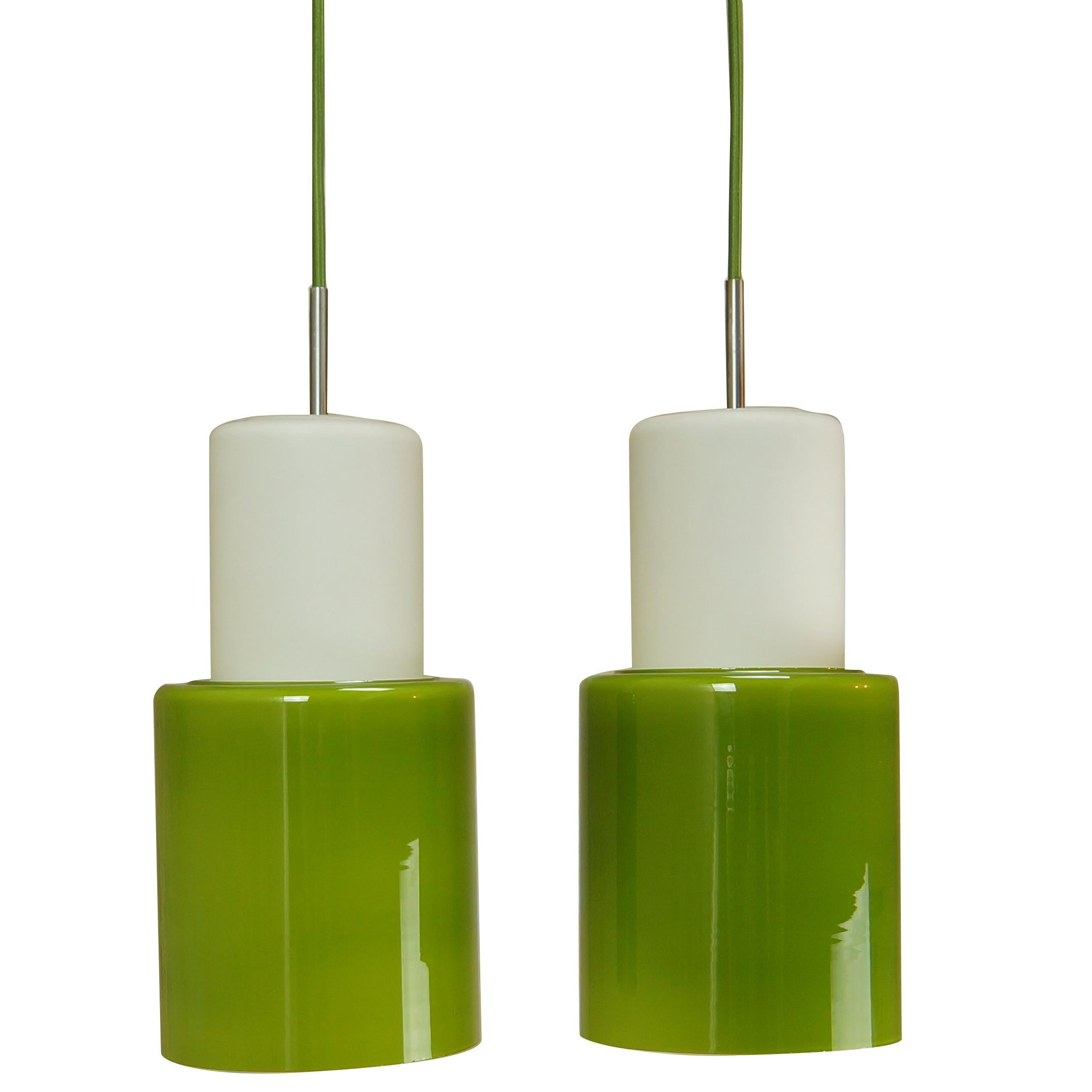 Pair of Green Opaline Glass Danish Ceiling Pendant Lights, Retro 1960s MCM