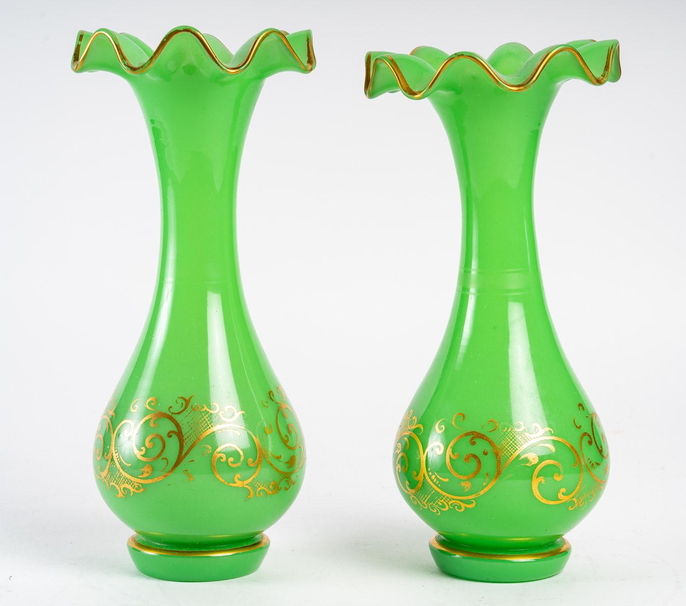Louis Philippe Pair of Green Opaline Vases, 1840s
