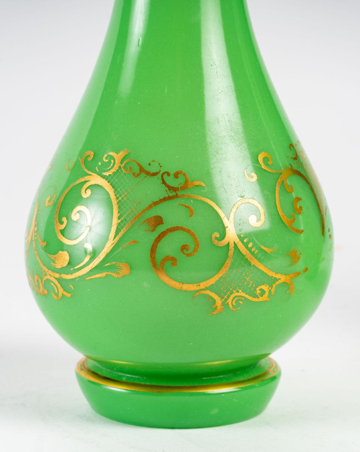 European Pair of Green Opaline Vases, 1840s