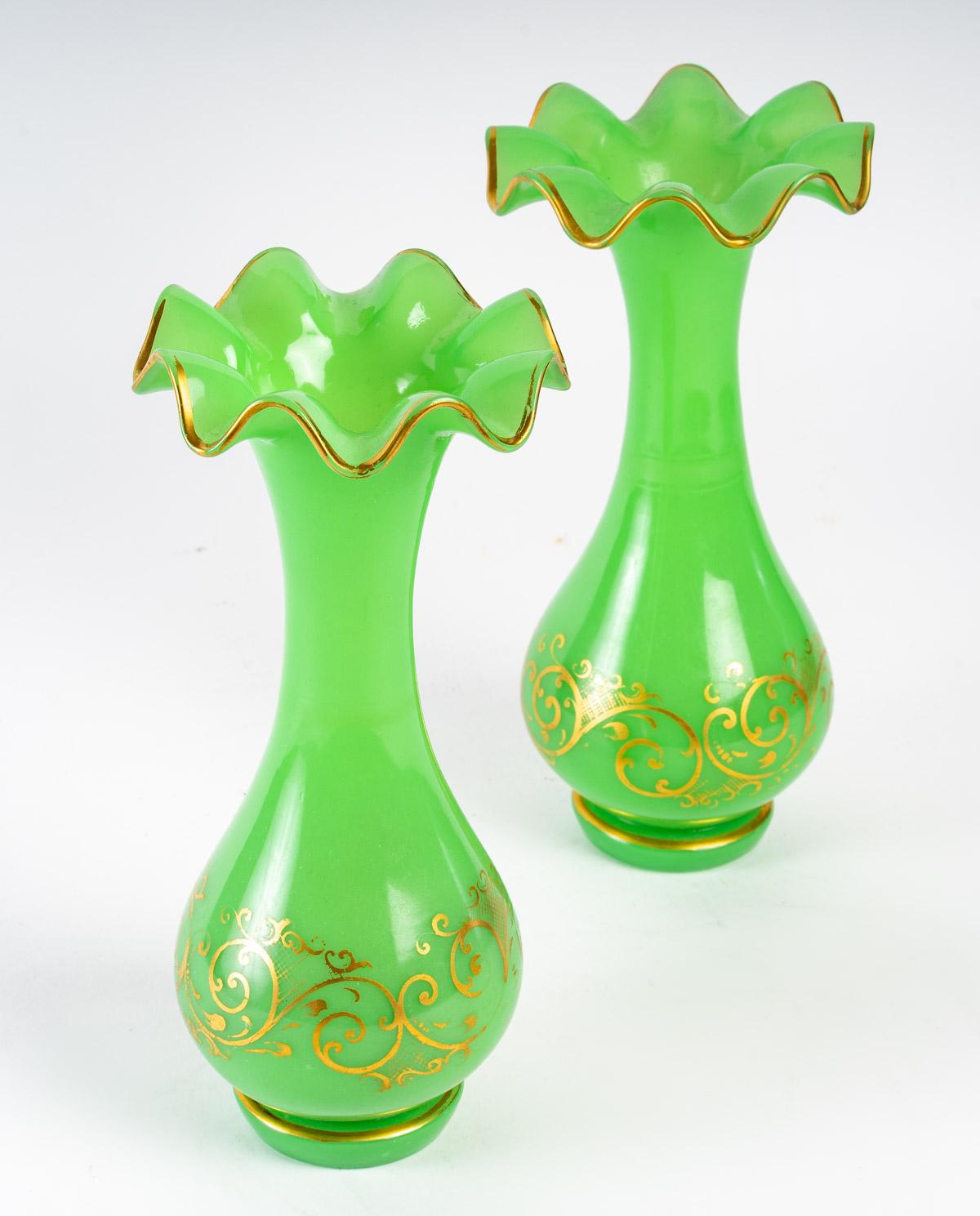 Mid-19th Century Pair of Green Opaline Vases, 1840s