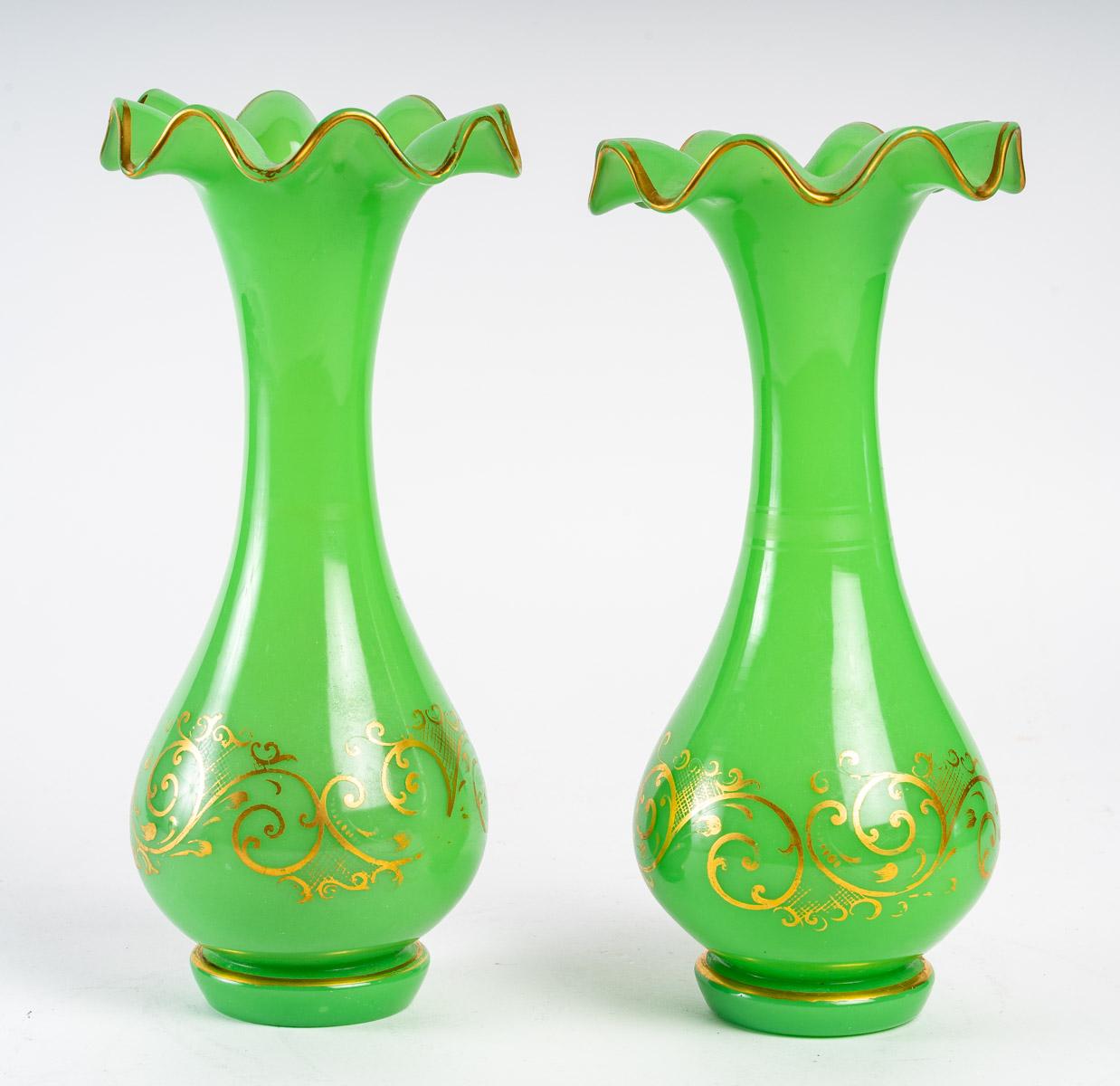 Opaline Glass Pair of Green Opaline Vases, 1840s