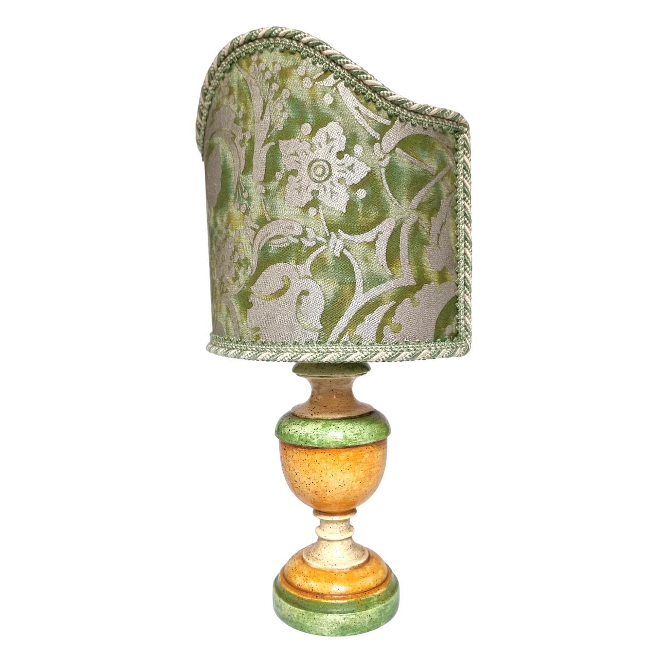 Italian Pair of Green & Orange Lacquered Turned Wood Table Lamps with Fortuny Lampshades For Sale
