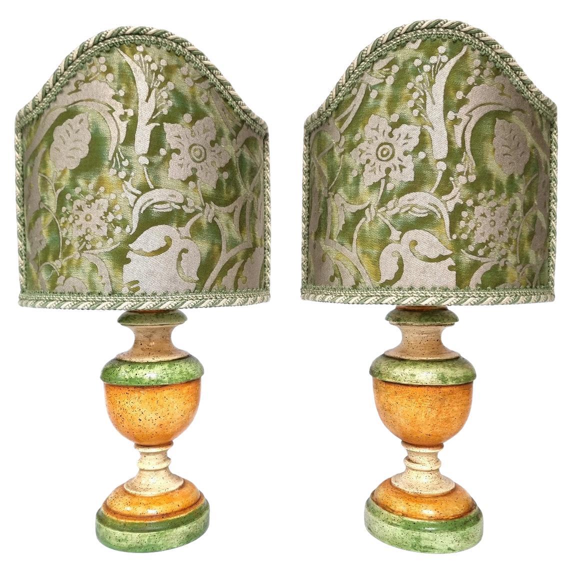 Pair of Green & Orange Lacquered Turned Wood Table Lamps with Fortuny Lampshades For Sale