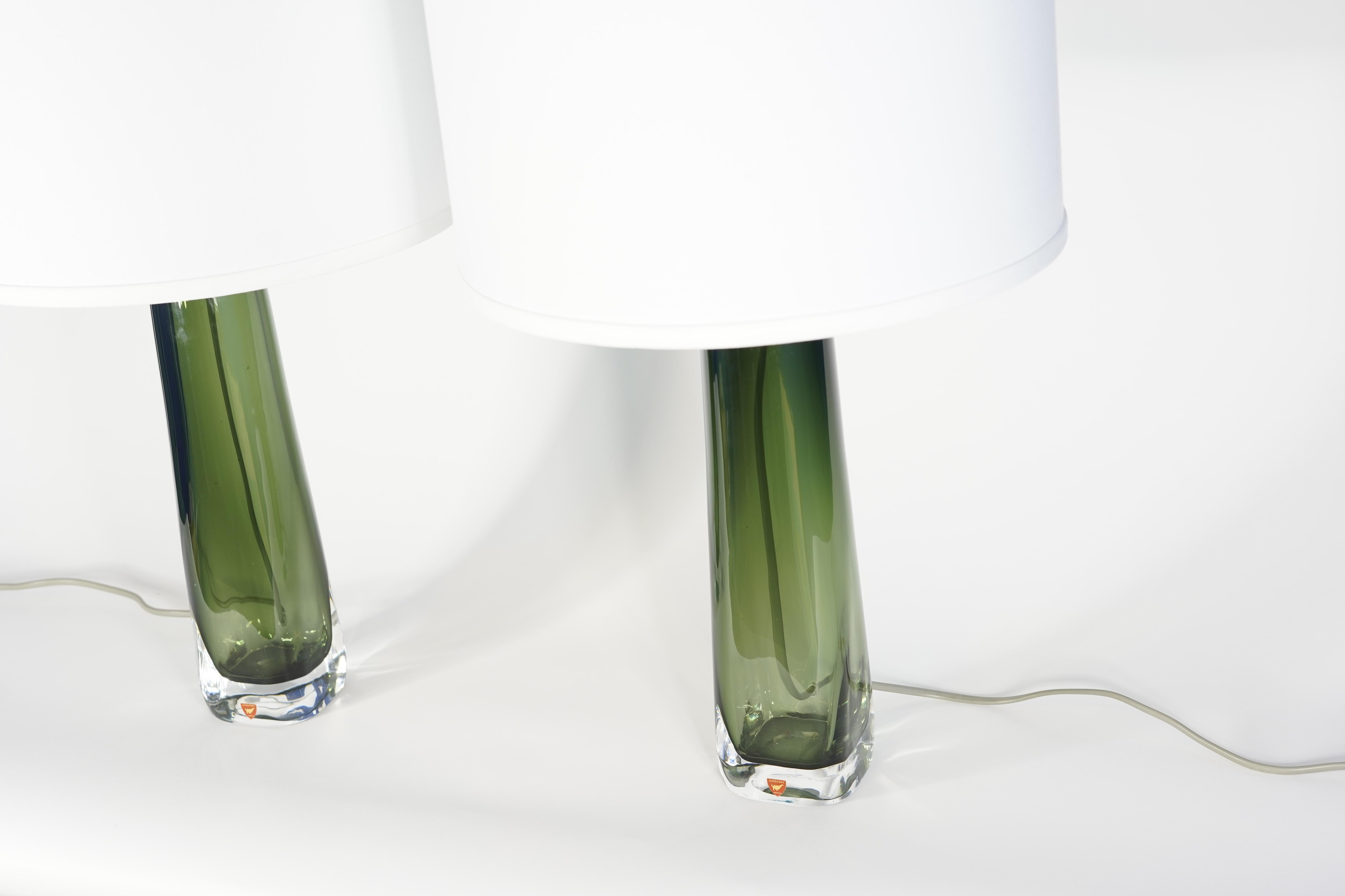 Mid-Century Modern Pair of Green Orrefors Lamps Design by Carl Fagerlund Orrefors, Sweden, 1970 For Sale