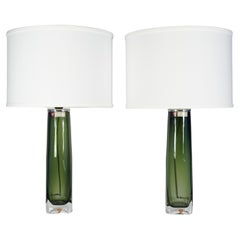 Pair of Green Orrefors Lamps Design by Carl Fagerlund Orrefors, Sweden, 1970