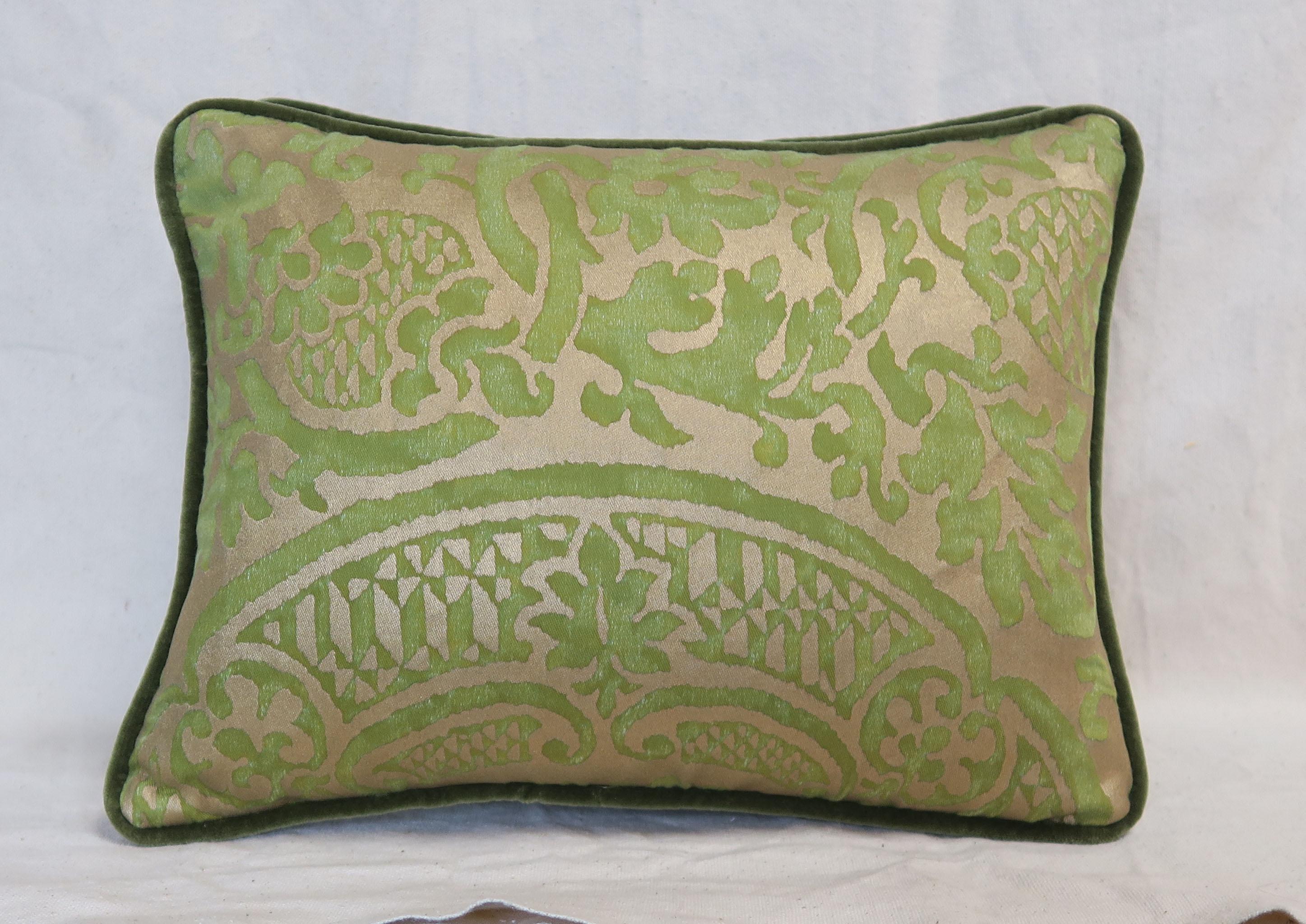 Pair of custom pillows designed with authentic Mariano Fortuny Orsini Patterned Egyptian cotton in green and silvery gold. Dark green velvet backs with self cord detail. Down inserts, sewn closed.