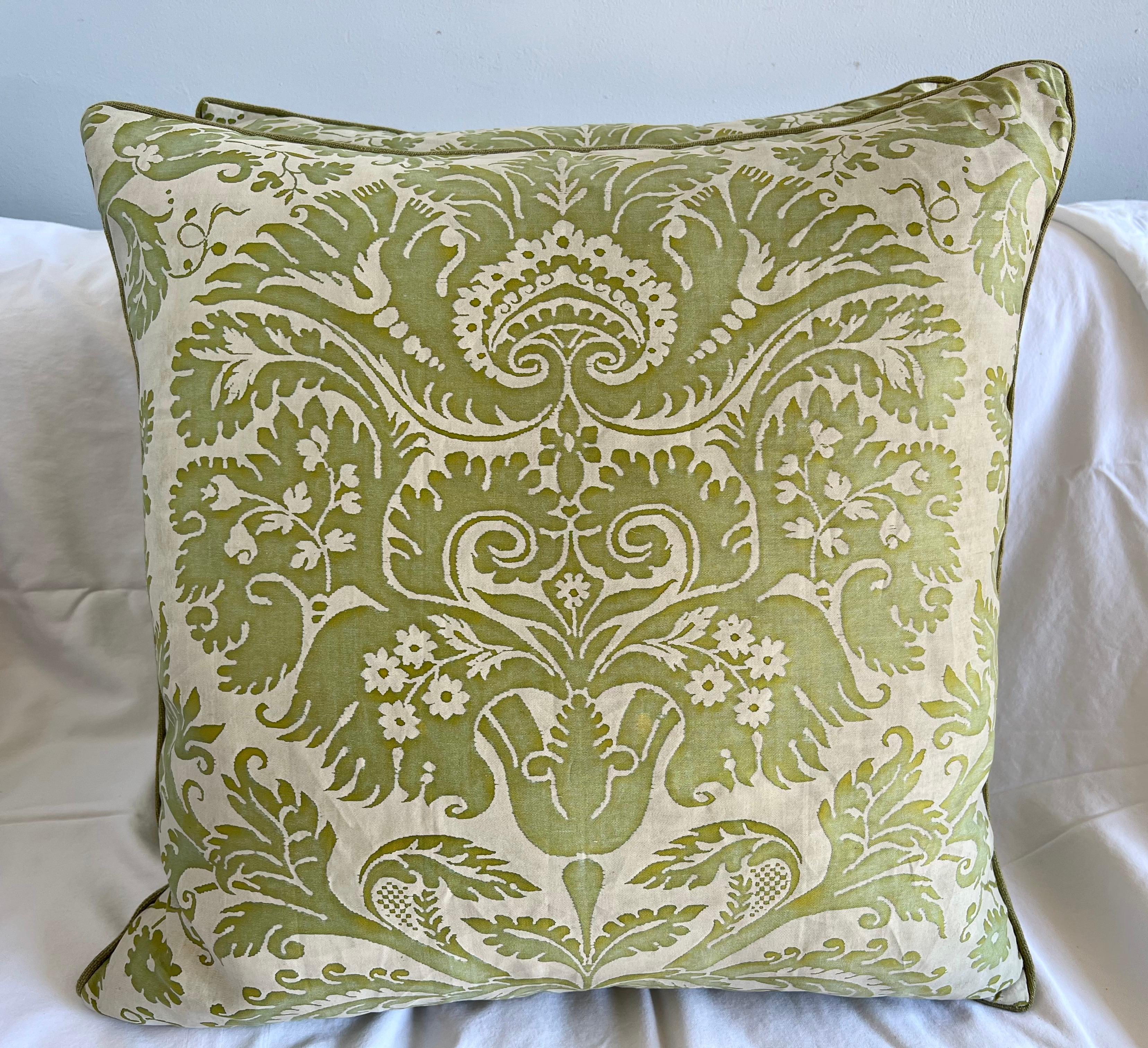 Pair of Green Orsini Patterned Fortuny Pillows 1