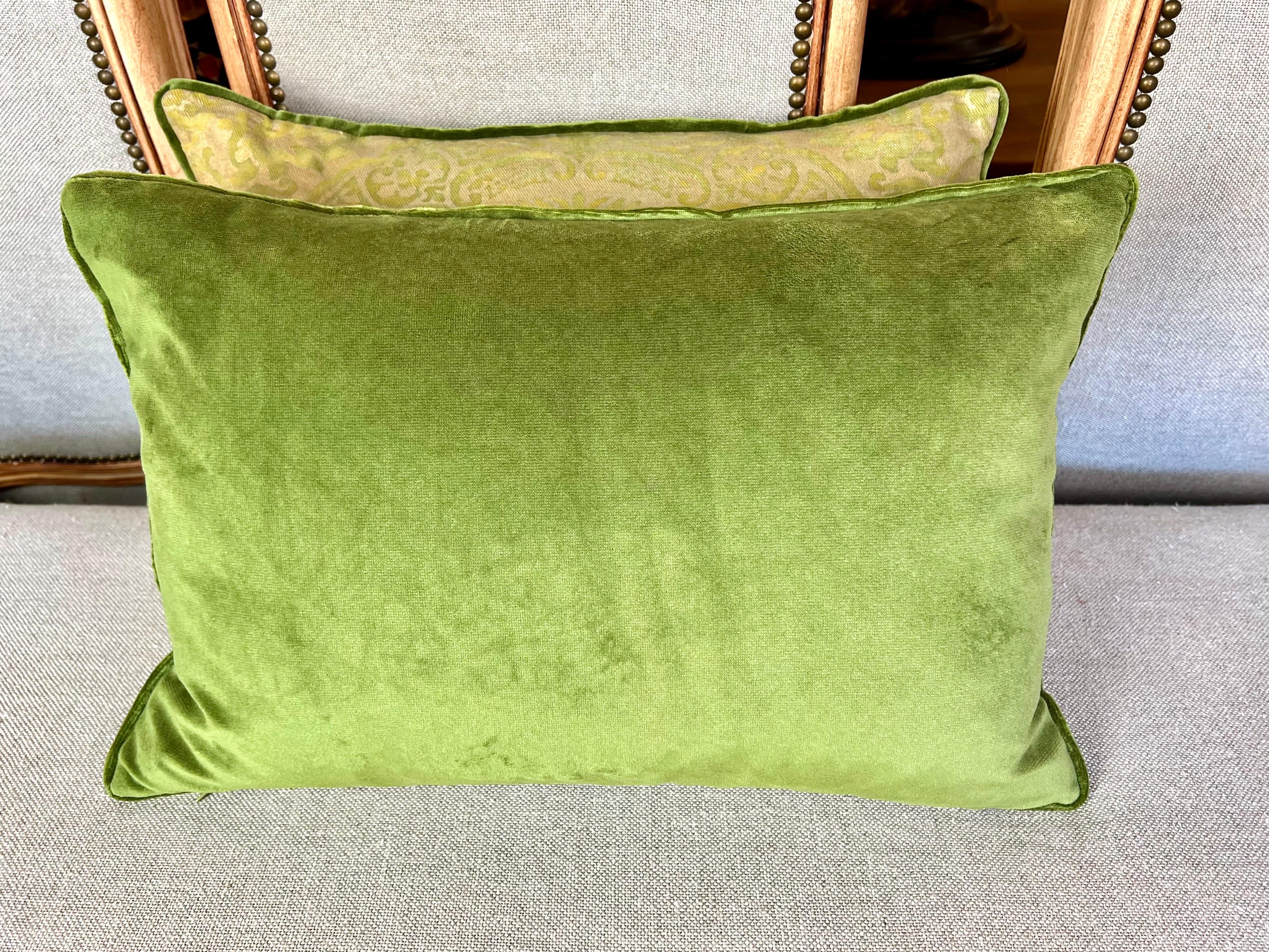 Italian Pair of Green Orsini Patterned Fortuny Pillows w/ Velvet Backs