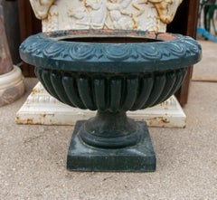 Pair of Green Painted Ceramic Flowerpots with Stand