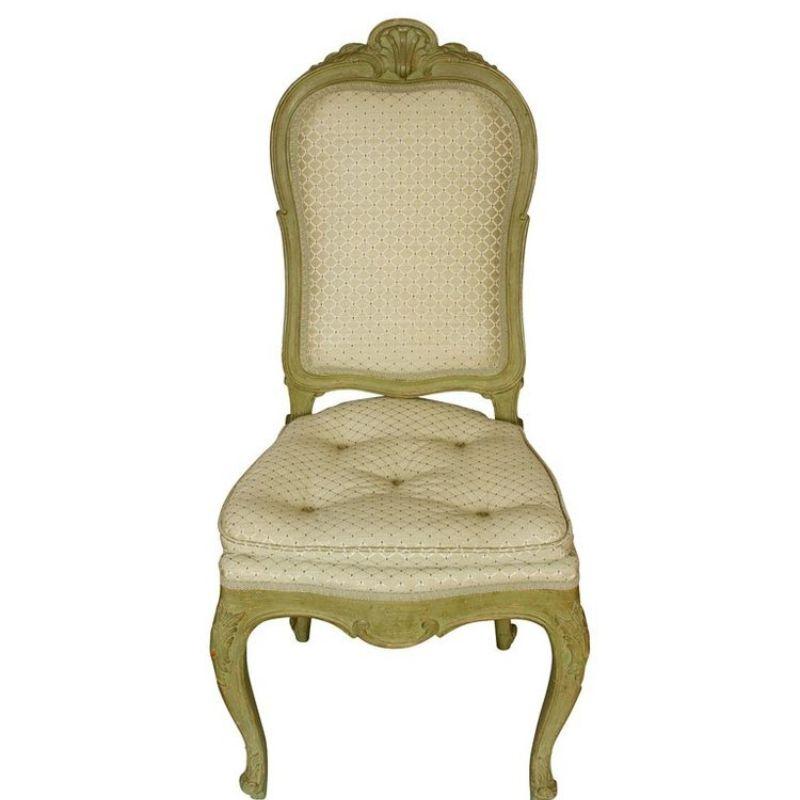 20th Century Pair of Green Painted French Style Side Chairs with Shell Motif and Tufted Seat  For Sale