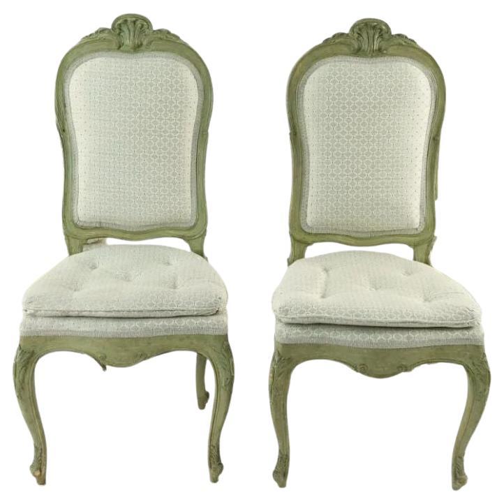 Pair of Green Painted French Style Side Chairs with Shell Motif and Tufted Seat  For Sale