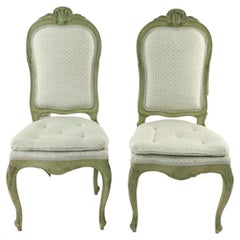 Pair of Green Painted French Style Side Chairs with Shell Motif and Tufted Seat
