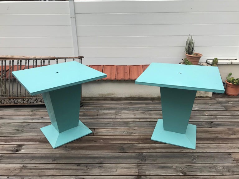 Very nice pair of 20th century French green painted metal tables designed by Tolix. 
Nice quality and condition. 
Hole for a parasol.