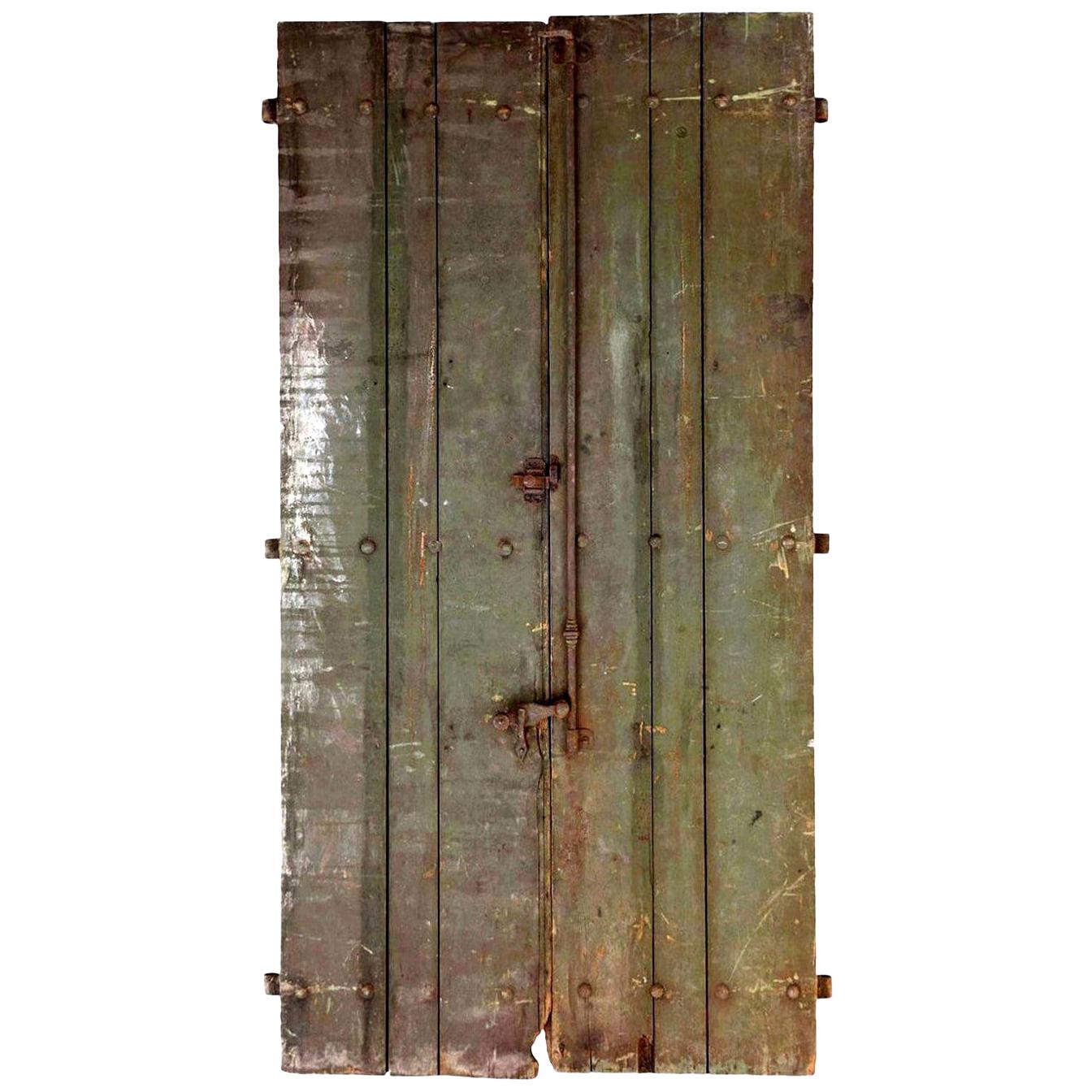 Pair of Rustic Green Painted Spanish Shutters For Sale 4