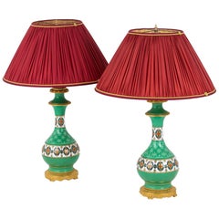 Antique Pair of Green Paris Porcelain Lamps with Gilt Bronze, circa 1880