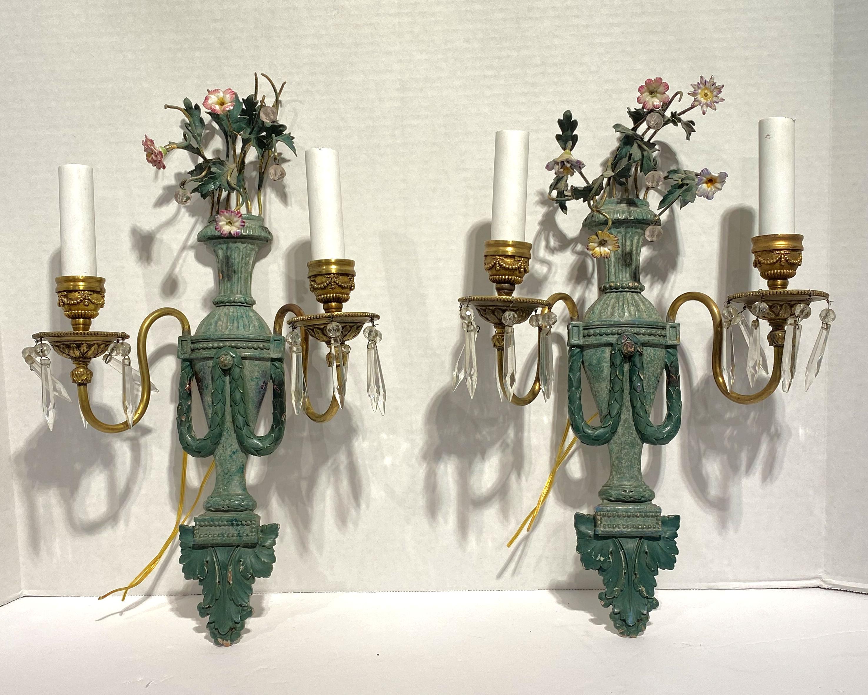 Pair of Green Patina and Gilt Bronze Classical Two-Arm Sconces For Sale 4