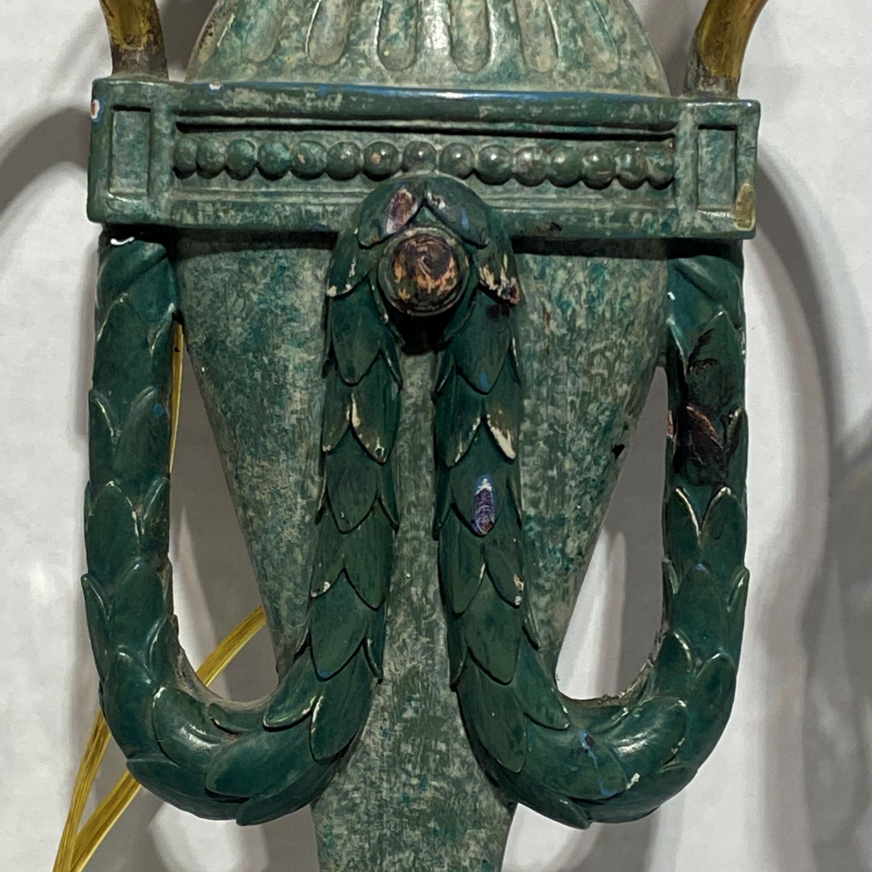Metal Pair of Green Patina and Gilt Bronze Classical Two-Arm Sconces For Sale