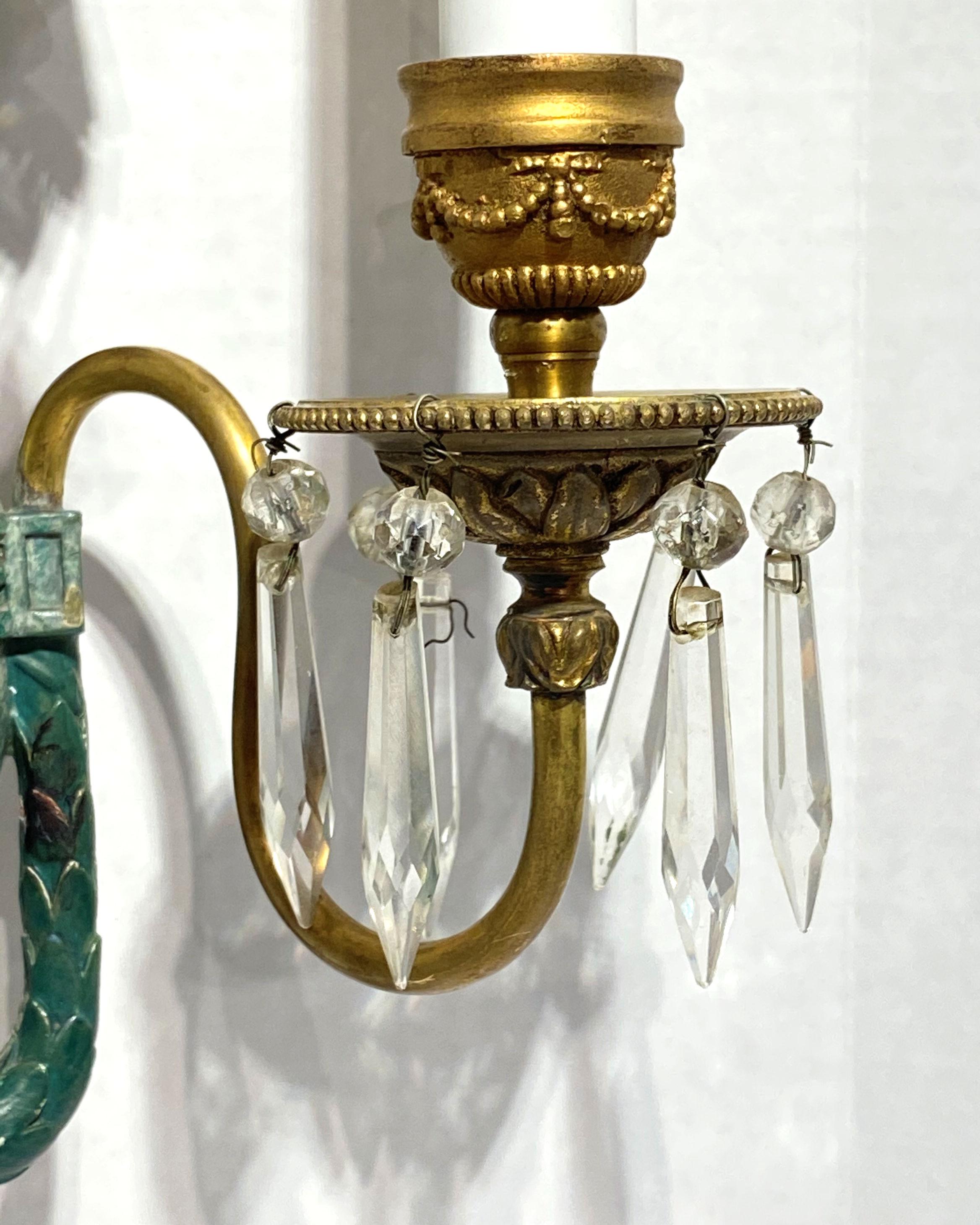 Pair of Green Patina and Gilt Bronze Classical Two-Arm Sconces For Sale 3
