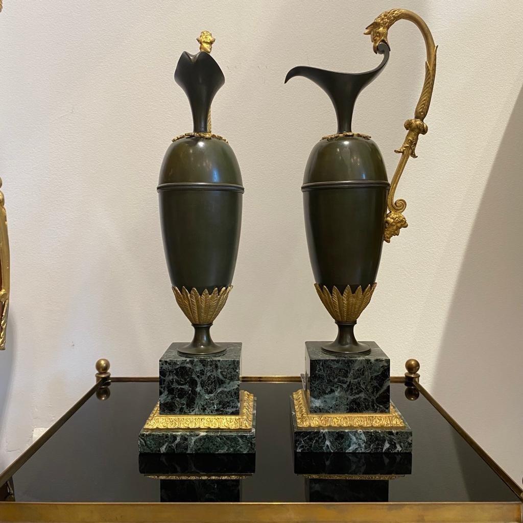 Bronzed Pair Of Green Patina And Gilt Bronze Ewers, First Empire, Attributed To Ravrio For Sale