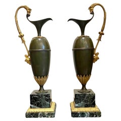 Antique Pair Of Green Patina And Gilt Bronze Ewers, First Empire, Attributed To Ravrio