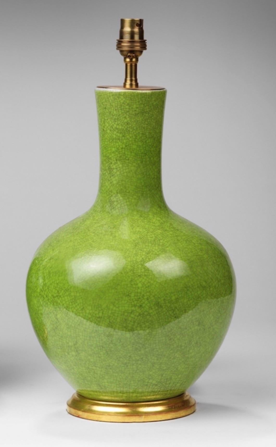 Chinese Pair of Green Porcelain Craquelure Straight Necked Vase Table Lamps