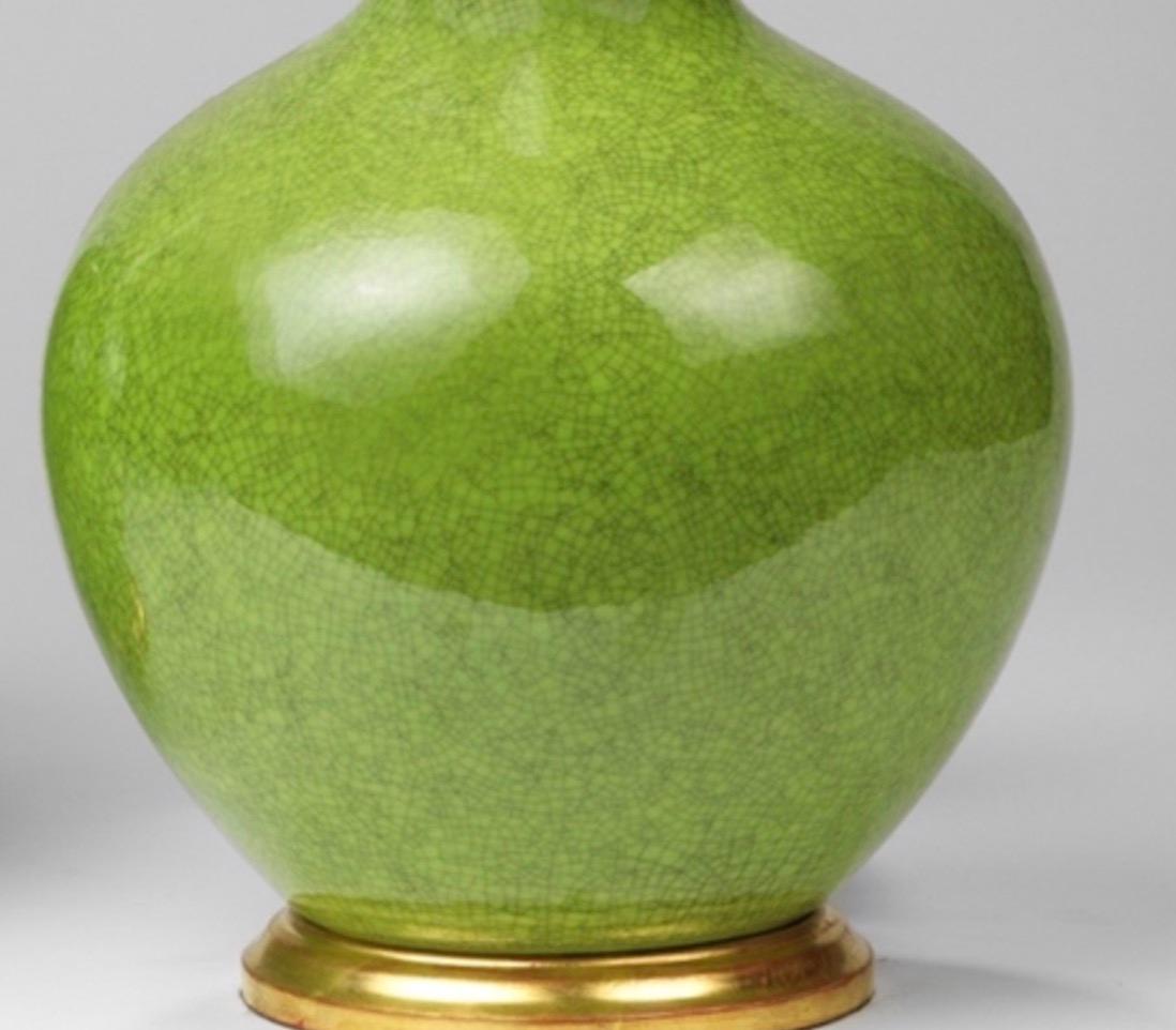 Glazed Pair of Green Porcelain Craquelure Straight Necked Vase Table Lamps