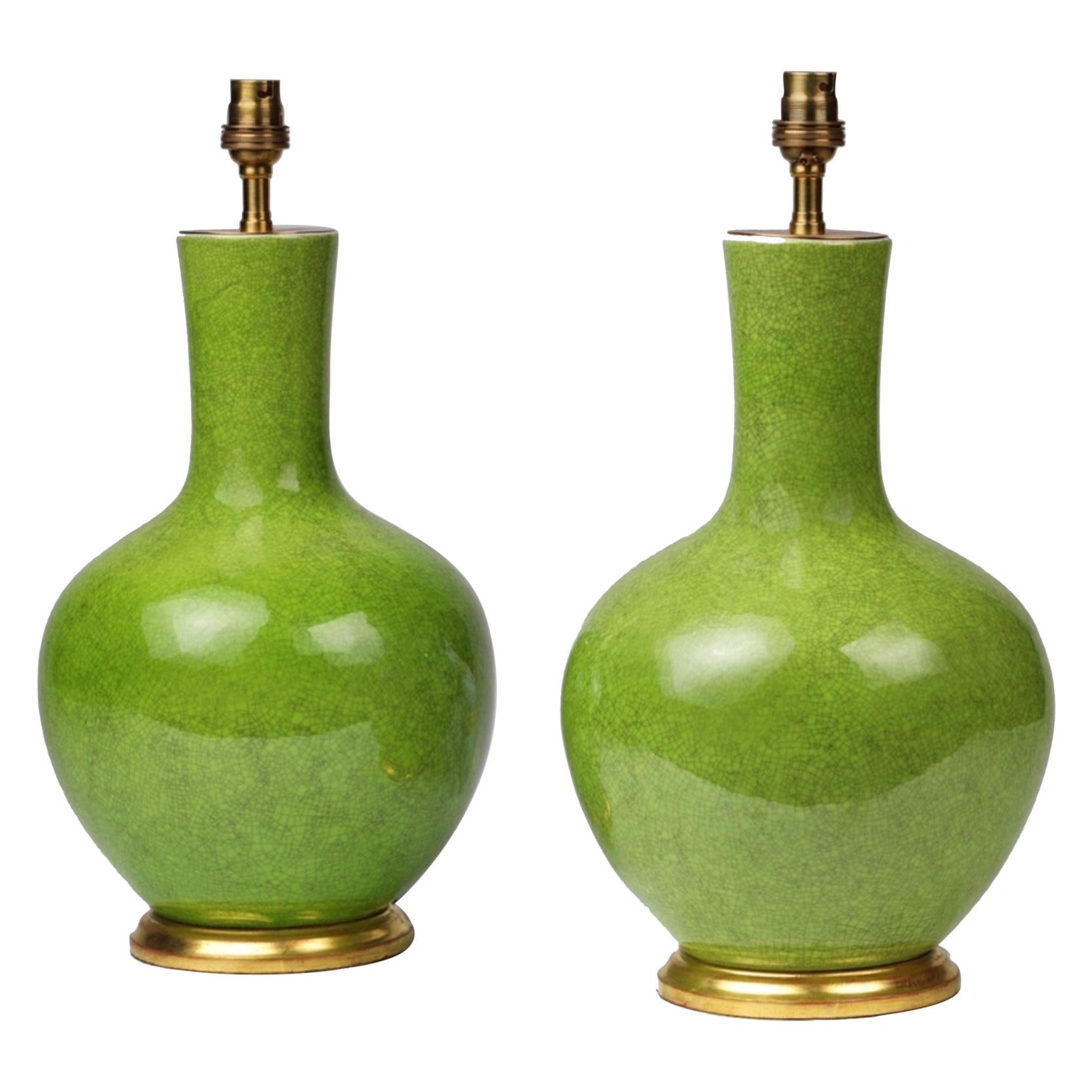 Pair of Green Porcelain Craquelure Straight Necked Vase Table Lamps