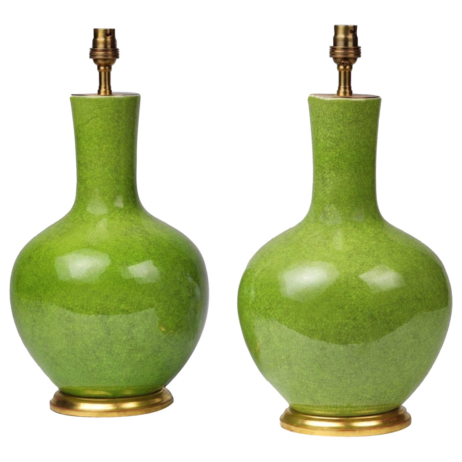 Pair of Green Porcelain Craquelure Straight Necked Vase Table Lamps For Sale