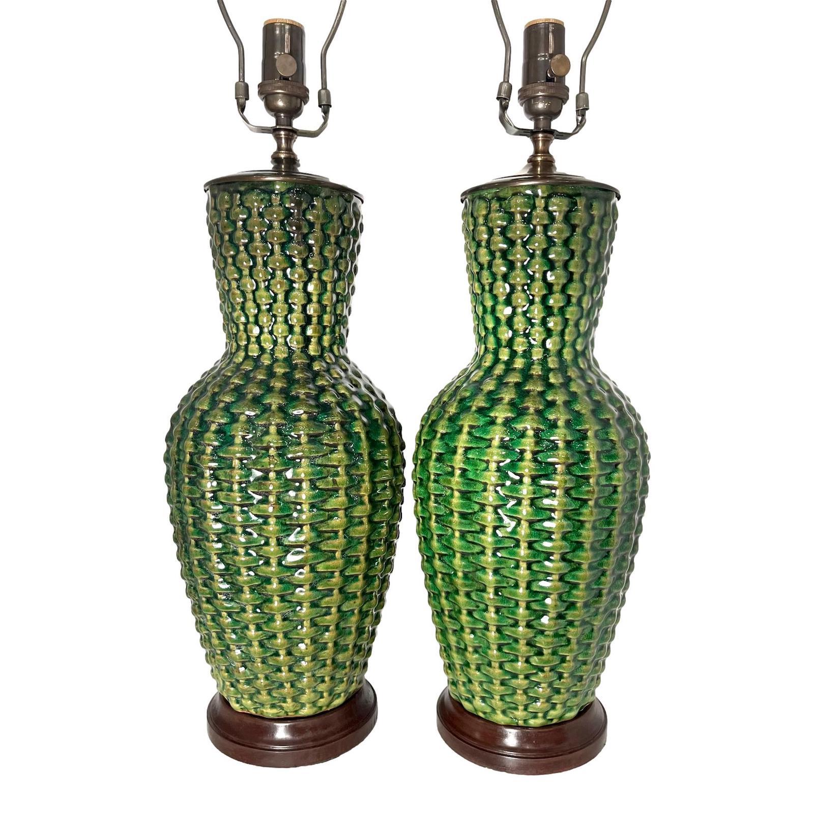 Italian Pair of Green Porcelain Table Lamps For Sale