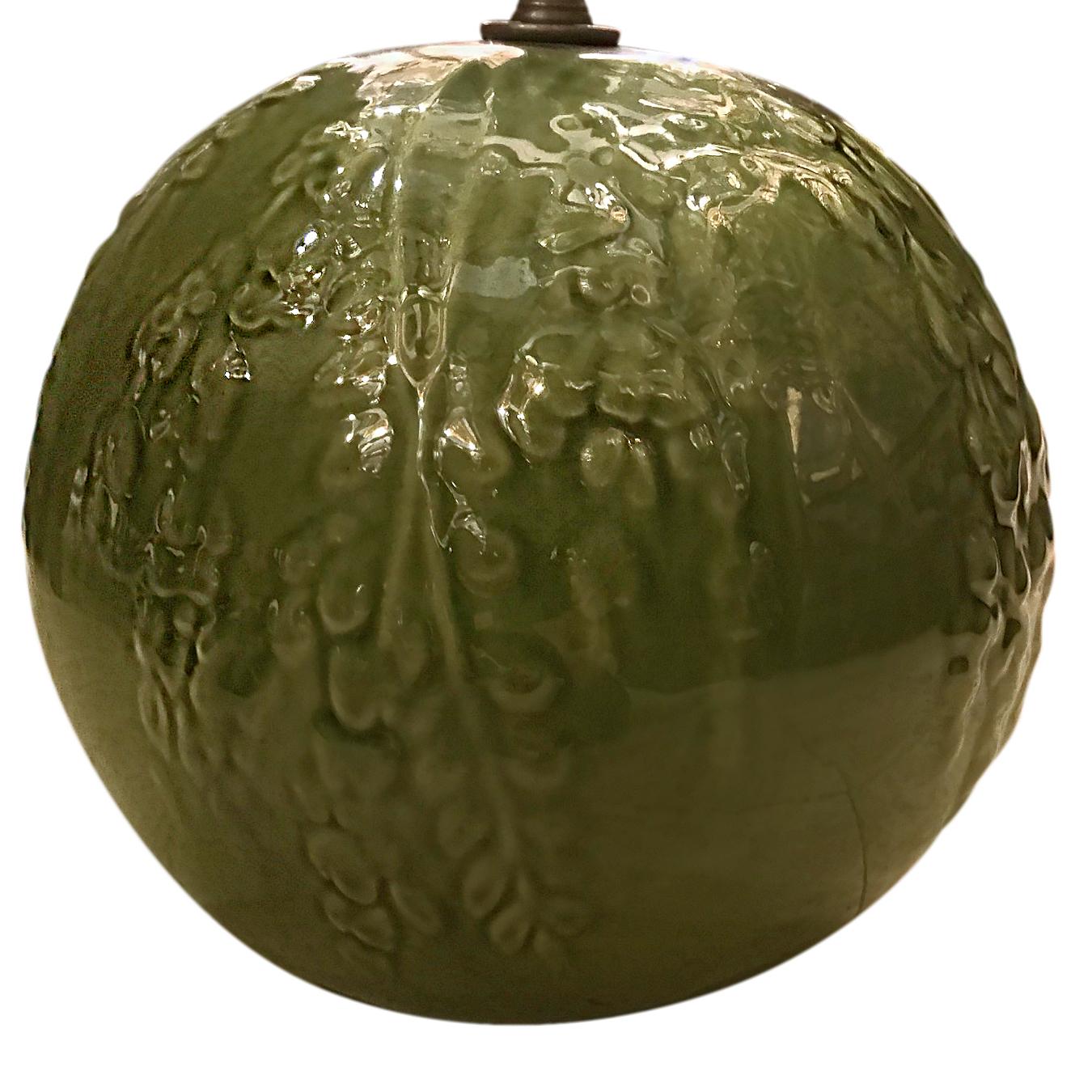 Hand-Crafted Pair of Green Porcelain Table Lamps