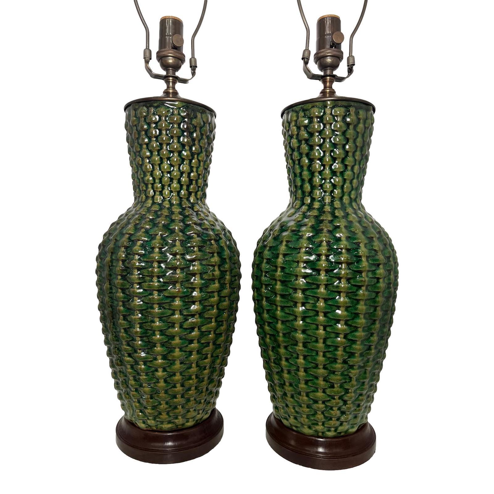 Mid-20th Century Pair of Green Porcelain Table Lamps For Sale