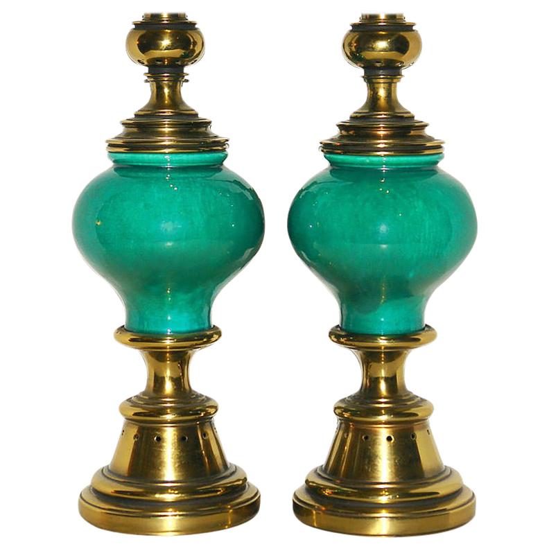 Pair of Green Porcelain Table Lamps For Sale
