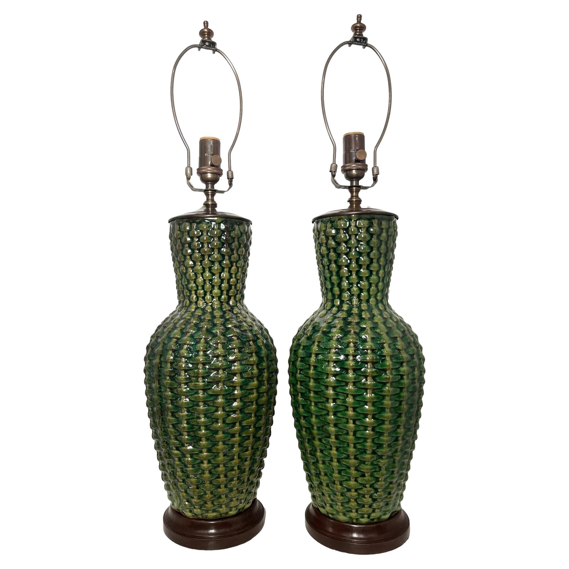 Pair of Green Porcelain Table Lamps For Sale