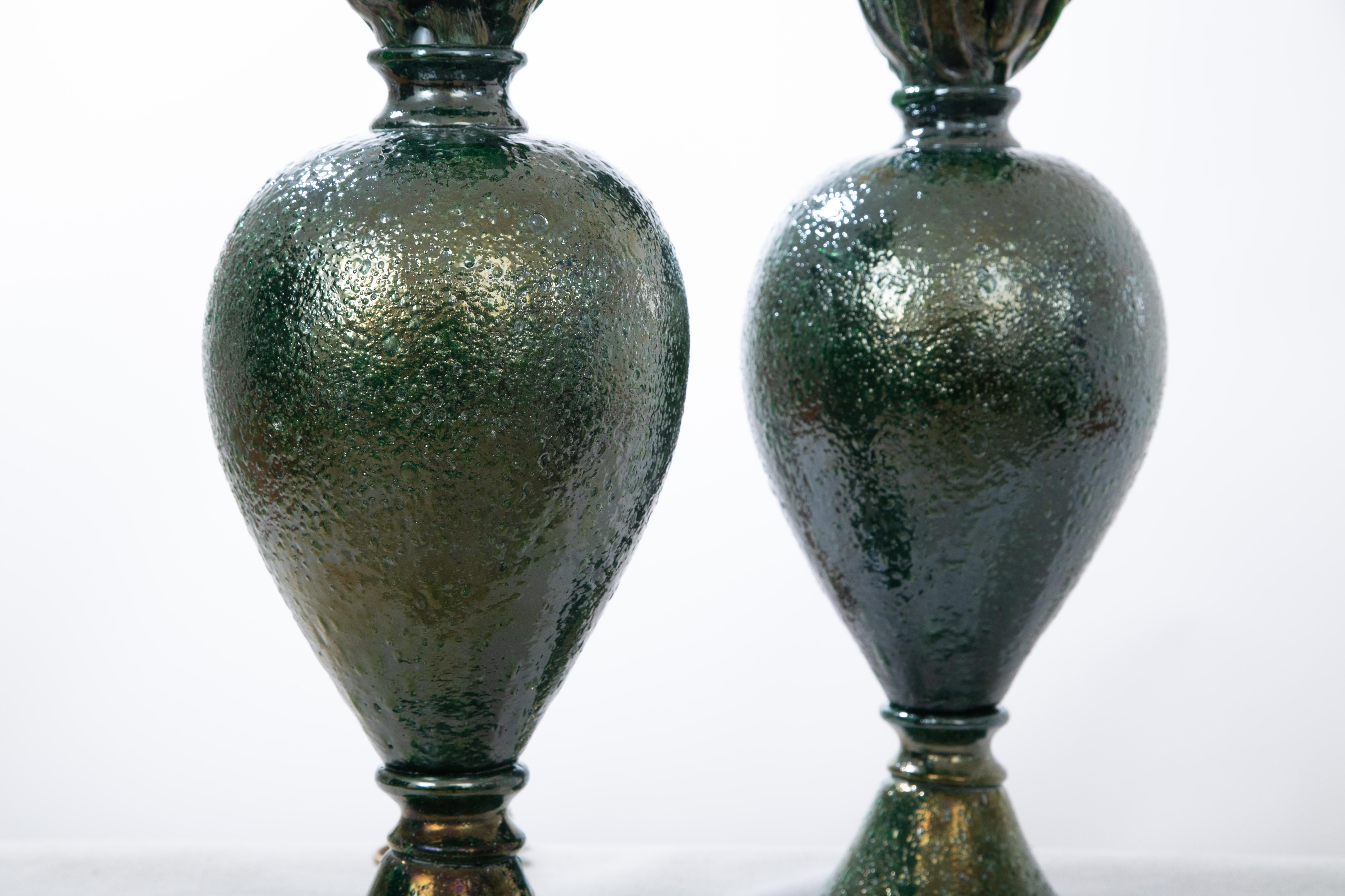 Mid-Century Modern Pair of Green Pulegoso Murano Table Lamps, in Stock